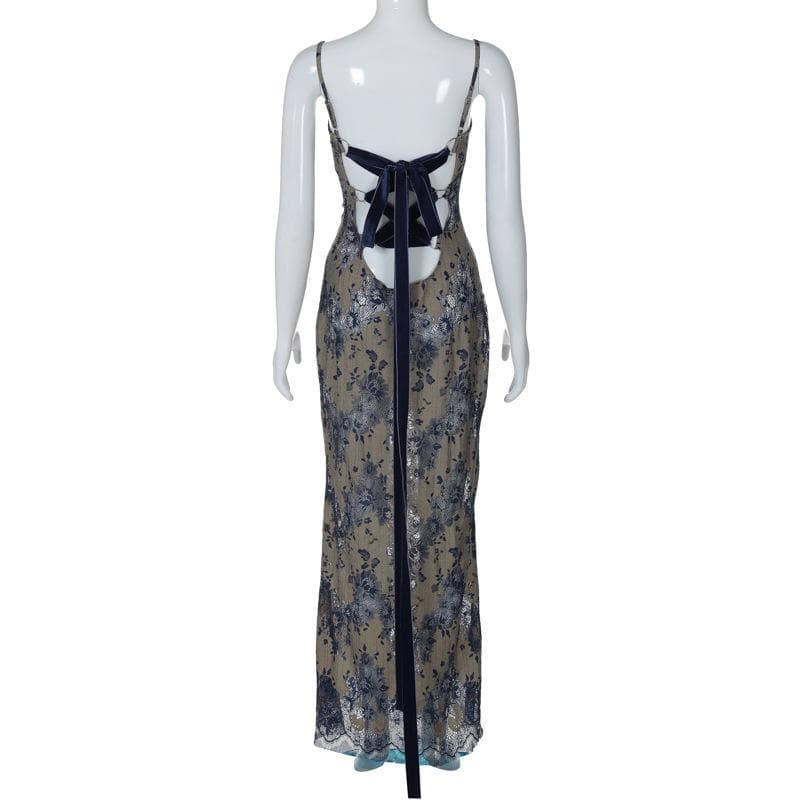 Lace backless lace up ribbon cami maxi dress