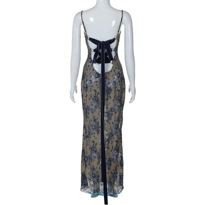 Lace backless lace up ribbon cami maxi dress