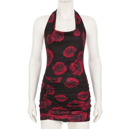 Flower print halter self tie u neck ruched mini dress