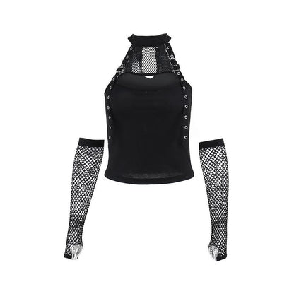 Fishnet gloves patchwork hollow out cut out top