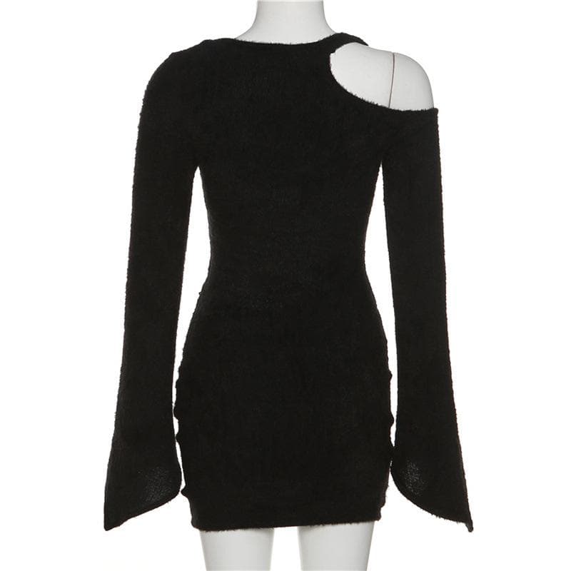 Fuzzy Cold Shoulder Corset Mesh Panel Bell Sleeve Mini Dress