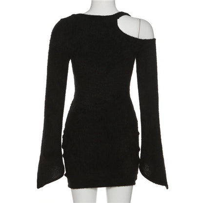 Fuzzy Cold Shoulder Corset Mesh Panel Bell Sleeve Mini Dress