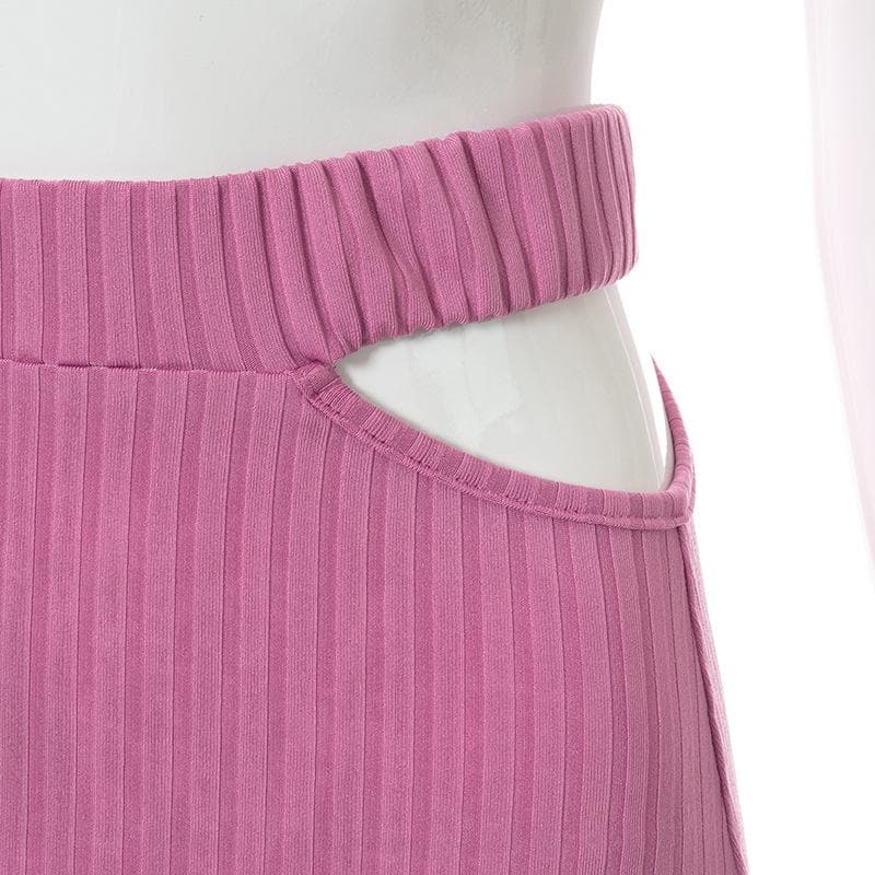 Ribbed solid one shoulder hollow out slit irregular cut out midi dress
