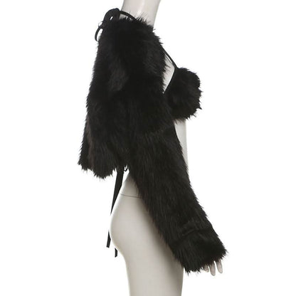 Long sleeve halter fluffy 2 piece coat top