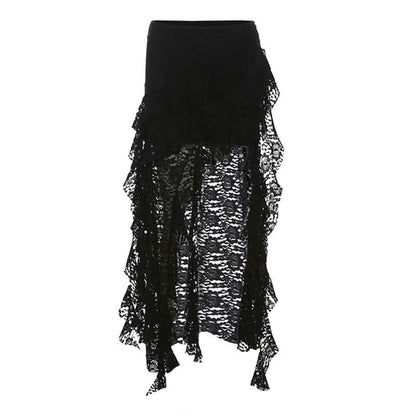 Lace ruffle solid irregular maxi skirt