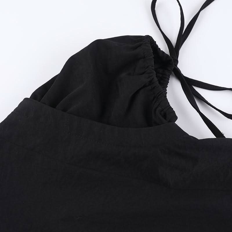 Hollow out button self tie lace hem ruched puff sleeve cut out top