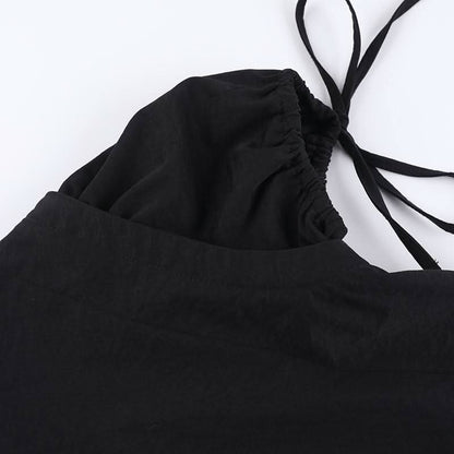 Hollow out button self tie lace hem ruched puff sleeve cut out top