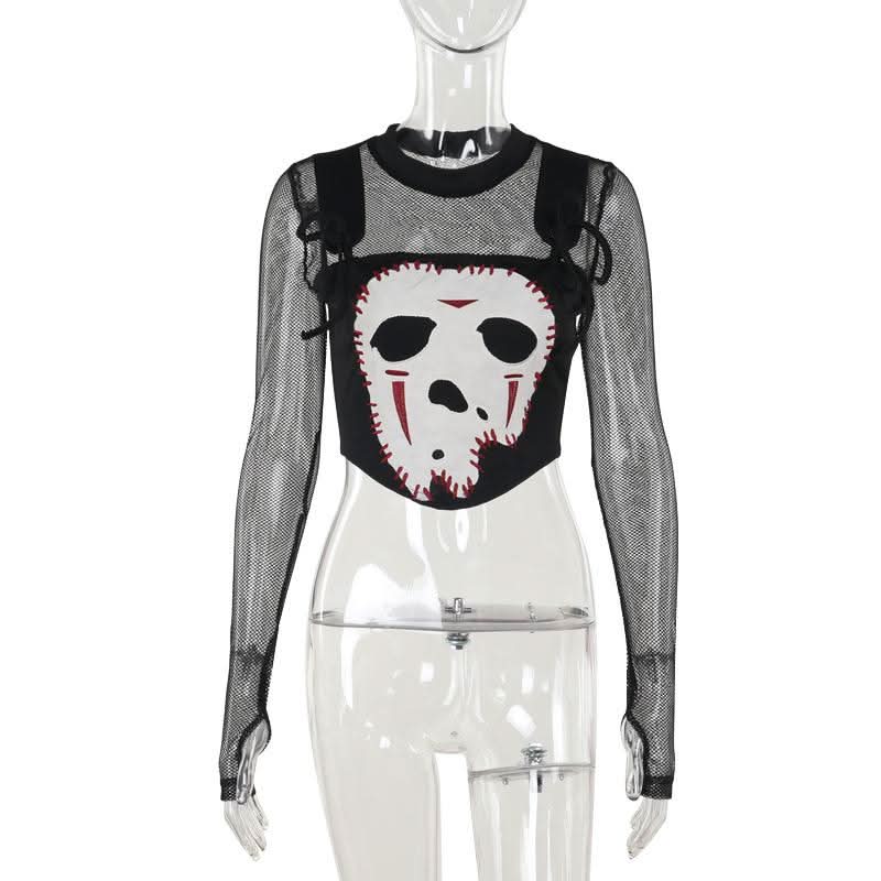 Crewneck long sleeve demon embroidery fishnet patchwork top