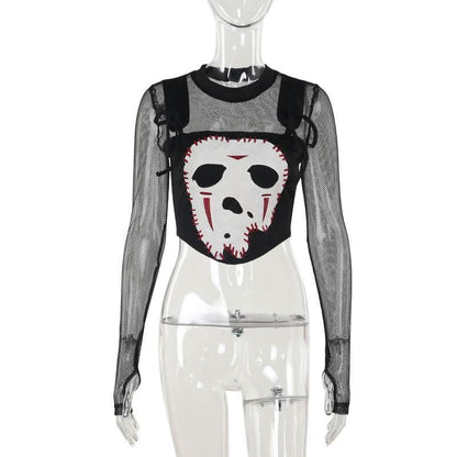 Crewneck long sleeve demon embroidery fishnet patchwork top