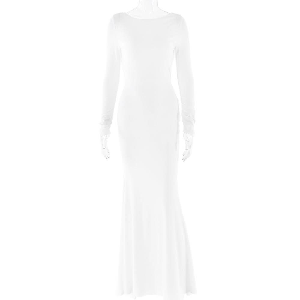 Long sleeve round neck ruched backless maxi dress