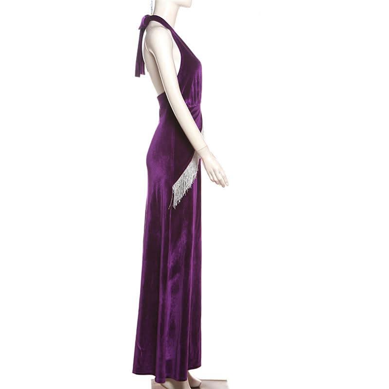 Halter v neck velvet tassels slit backless maxi dress