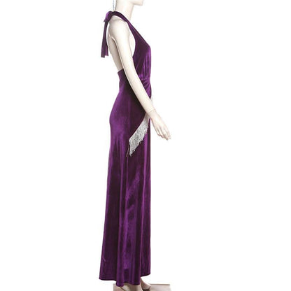 Halter v neck velvet tassels slit backless maxi dress