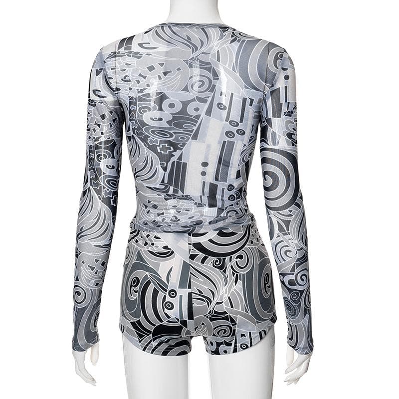 Long sleeve abstract mesh see through pant set