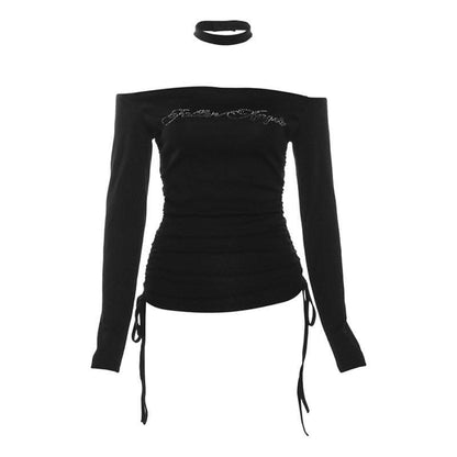 Beaded off shoulder drawstring choker long sleeve top-final-sale