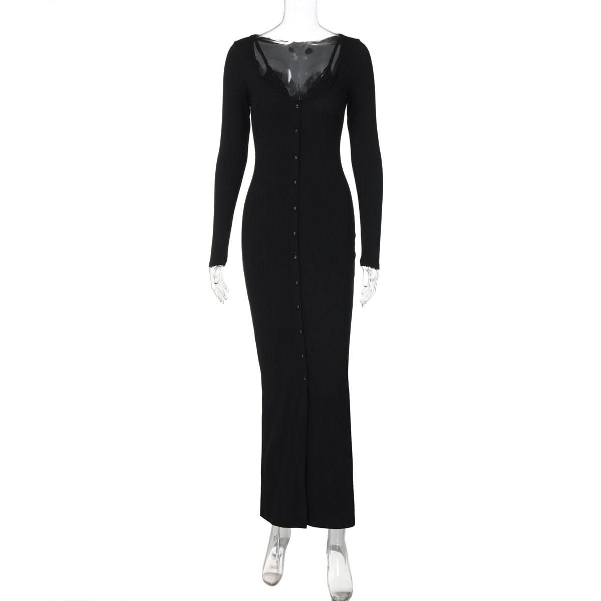 Long sleeve lace hem button maxi dress