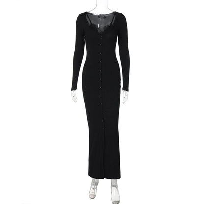 Long sleeve lace hem button maxi dress