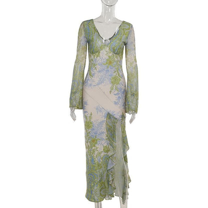 Long flared sleeve ruffle irregular slit print midi dress