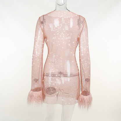 Long sleeve solid see through sheer mesh fluffy round neck mini dress