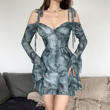 Long sleeve tie dye off shoulder ruched sweetheart neck self tie backless mini dress