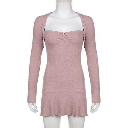 Ribbed solid long sleeve ruffle shrug tube mini dress