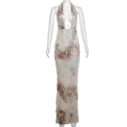 Halter ruffle deep square neck backless maxi dress