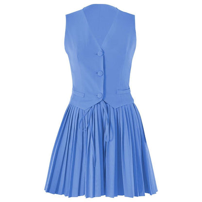 Pleated deep V neck button self tie solid mini skirt set