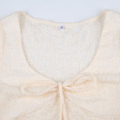 Long sleeve drawstring ruched lace ruffle top