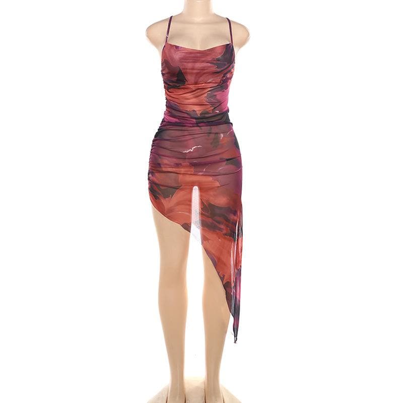 Sheer mesh cross back ruched print irregular cami midi dress