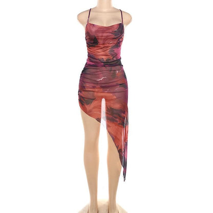 Sheer mesh cross back ruched print irregular cami midi dress