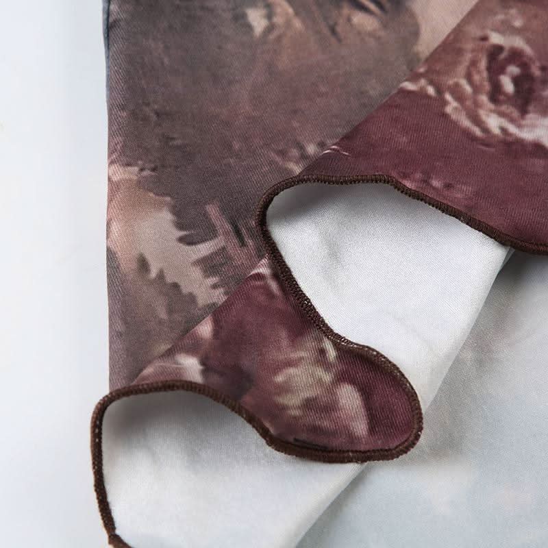 Long flared sleeve abstract print ruffle maxi dress