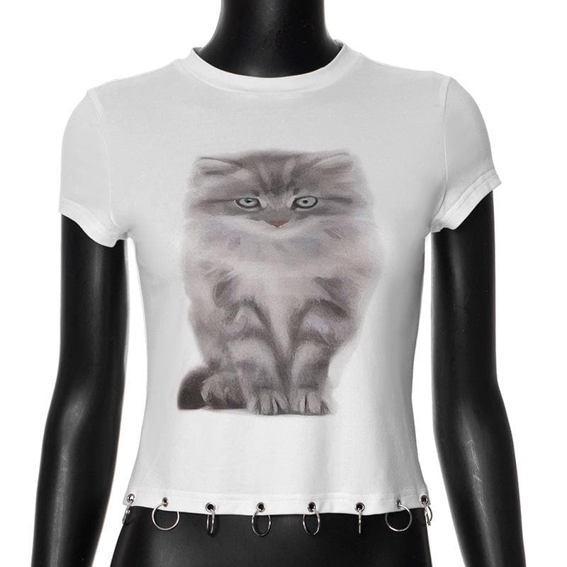 Short sleeve cat print o ring top