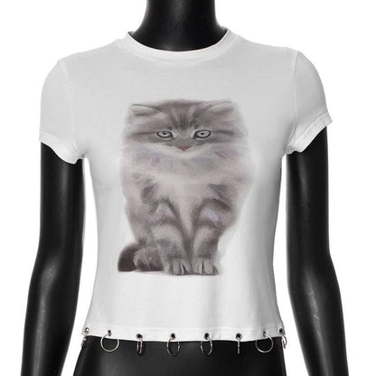 Short sleeve cat print o ring top