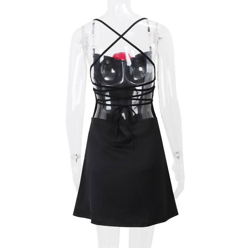 Cross back flower applique self tie mini dress