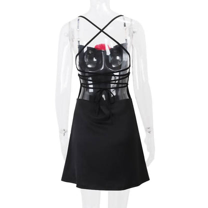 Cross back flower applique self tie mini dress