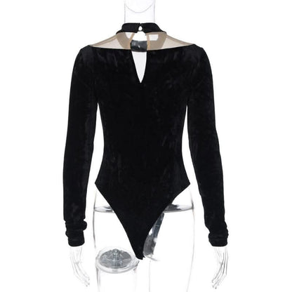 Long sleeve velvet high neck mesh patchwork button bodysuit-final-sale