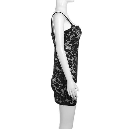 Lace hollow out see through u neck cami cut out mini dress