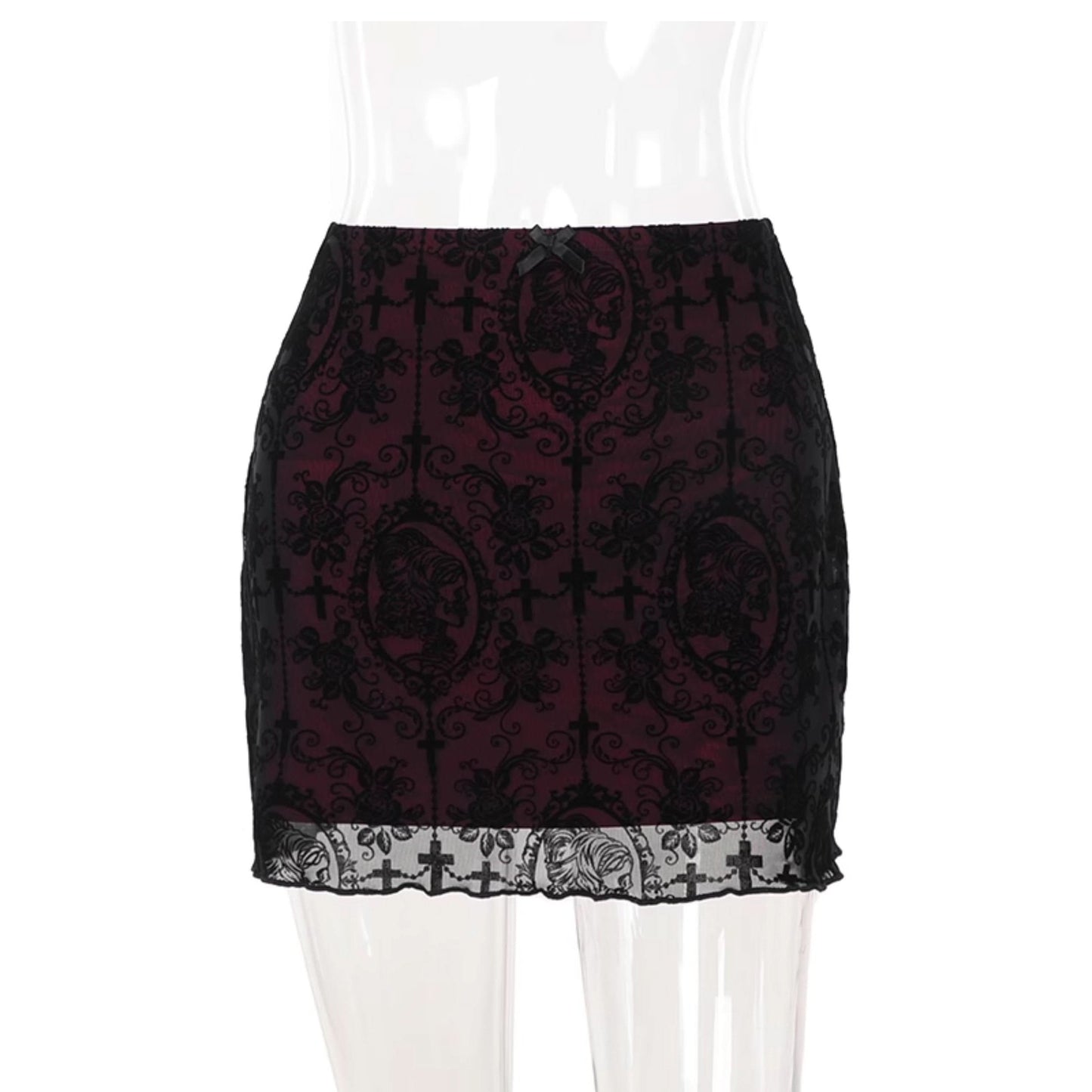 Print mesh bowknot ruffle mini skirt