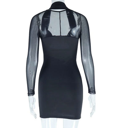 Halter long sleeve mesh patchwork beaded mini dress