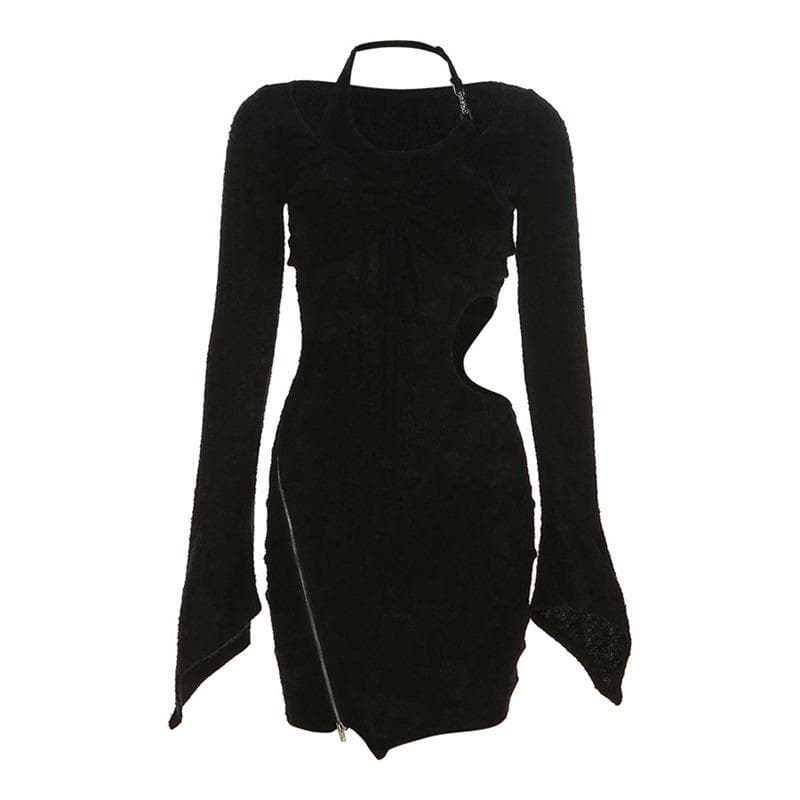 Textured zip-up drawstring hollow out halter long sleeve 2 piece cut out mini dress