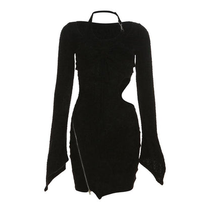 Textured zip-up drawstring hollow out halter long sleeve 2 piece cut out mini dress