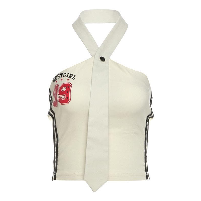 Halter button “99” pattern contrast backless crop top