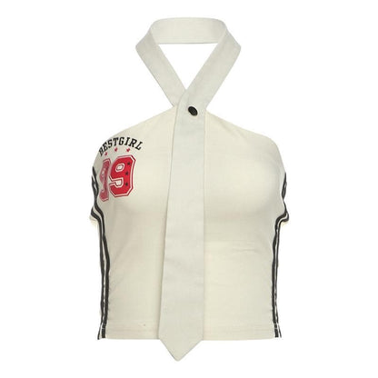 Halter button “99” pattern contrast backless crop top