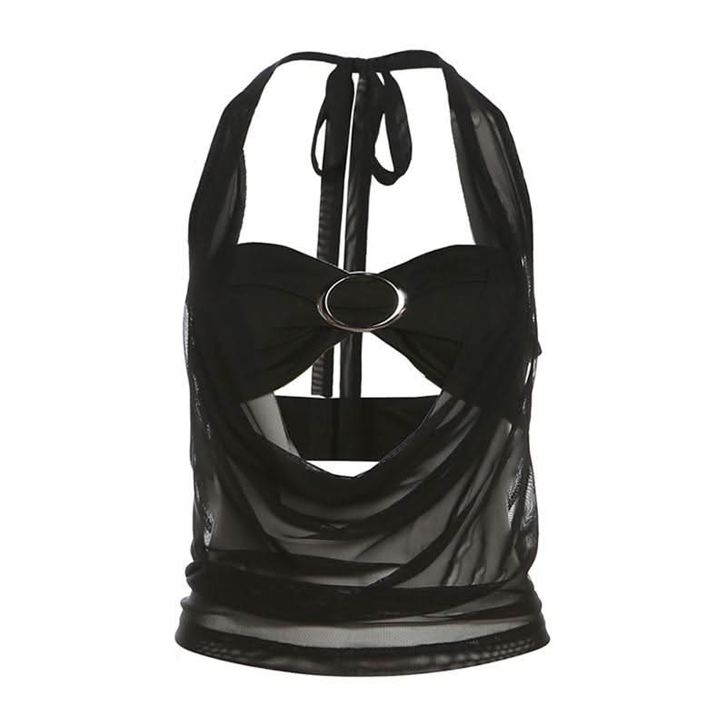 Halter self tie mesh backless solid 2 piece top