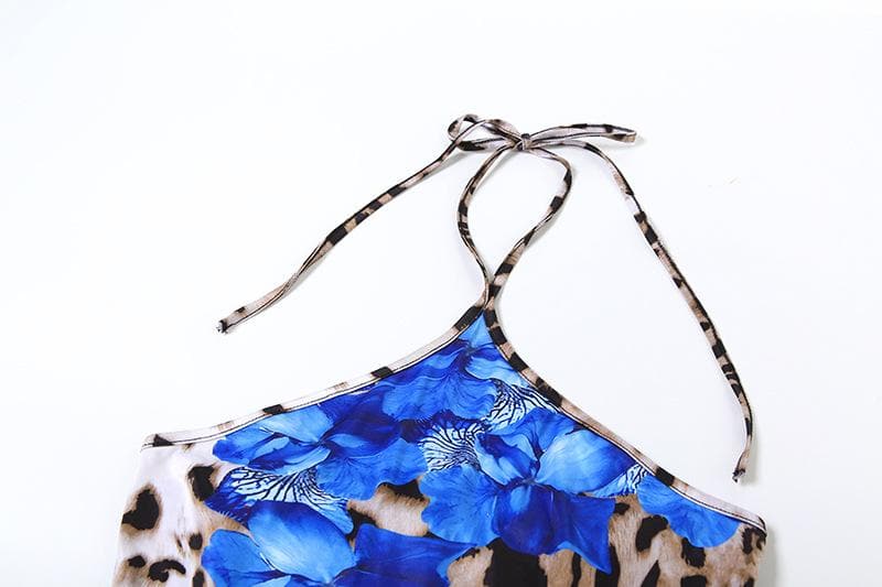 Halter leopard print ruffle backless mini dress