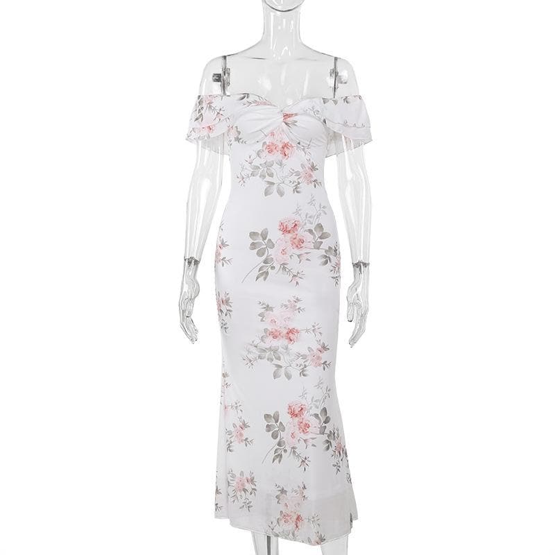 Off shoulder ruched flower print maxi dress