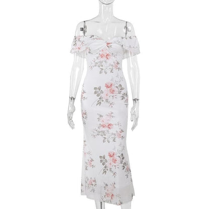 Off shoulder ruched flower print maxi dress