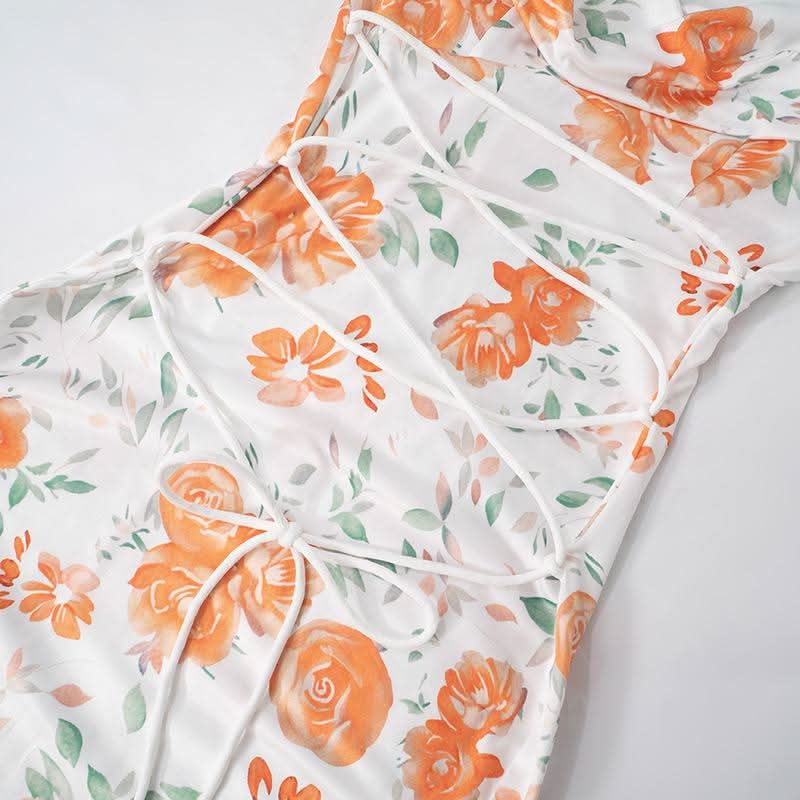 Self tie flower print backless spaghetti strap maxi dress