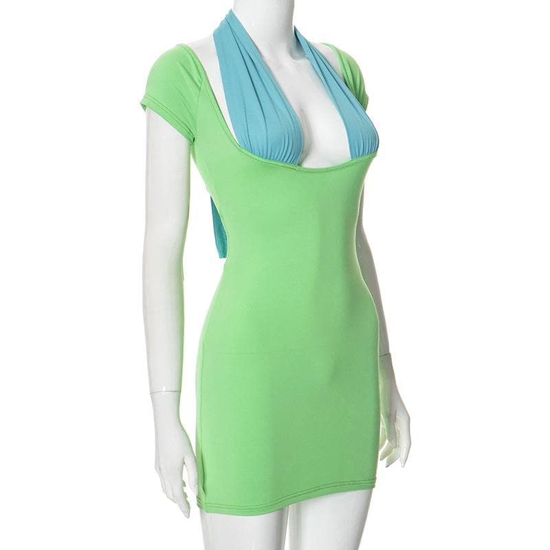Short sleeve low cut patchwork knotted mini dress