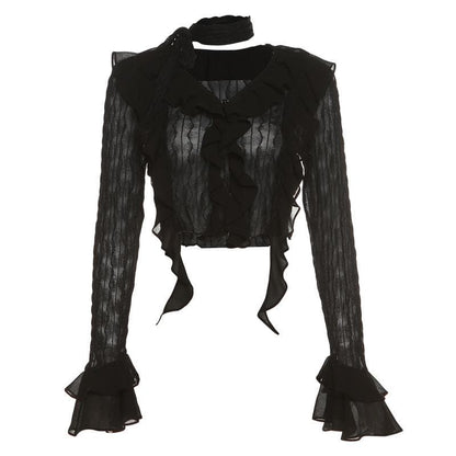 Textured solid long sleeve halter v neck ruffle flared sleeve crop top
