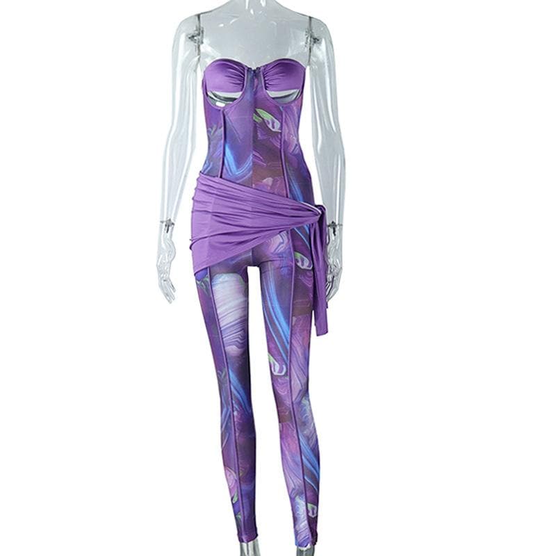 Sweetheart neck ruched irregular print zip-up jumpsuit